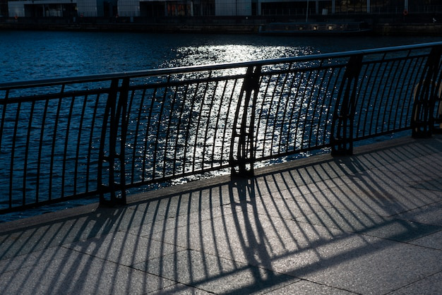 A black metal fence with vertical bars separates a modern city skyline from a calm body of water.